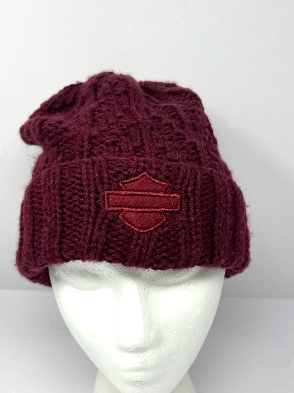 Harley Davidson Burgundy Slouchy Chunky Knit Beanie Hat Embroidered Logo